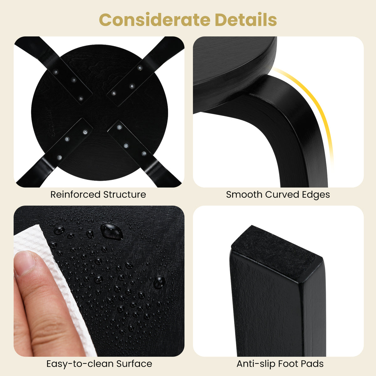 Set of 4 Round Stacking Stools, Solid Wood Dining Room Stool