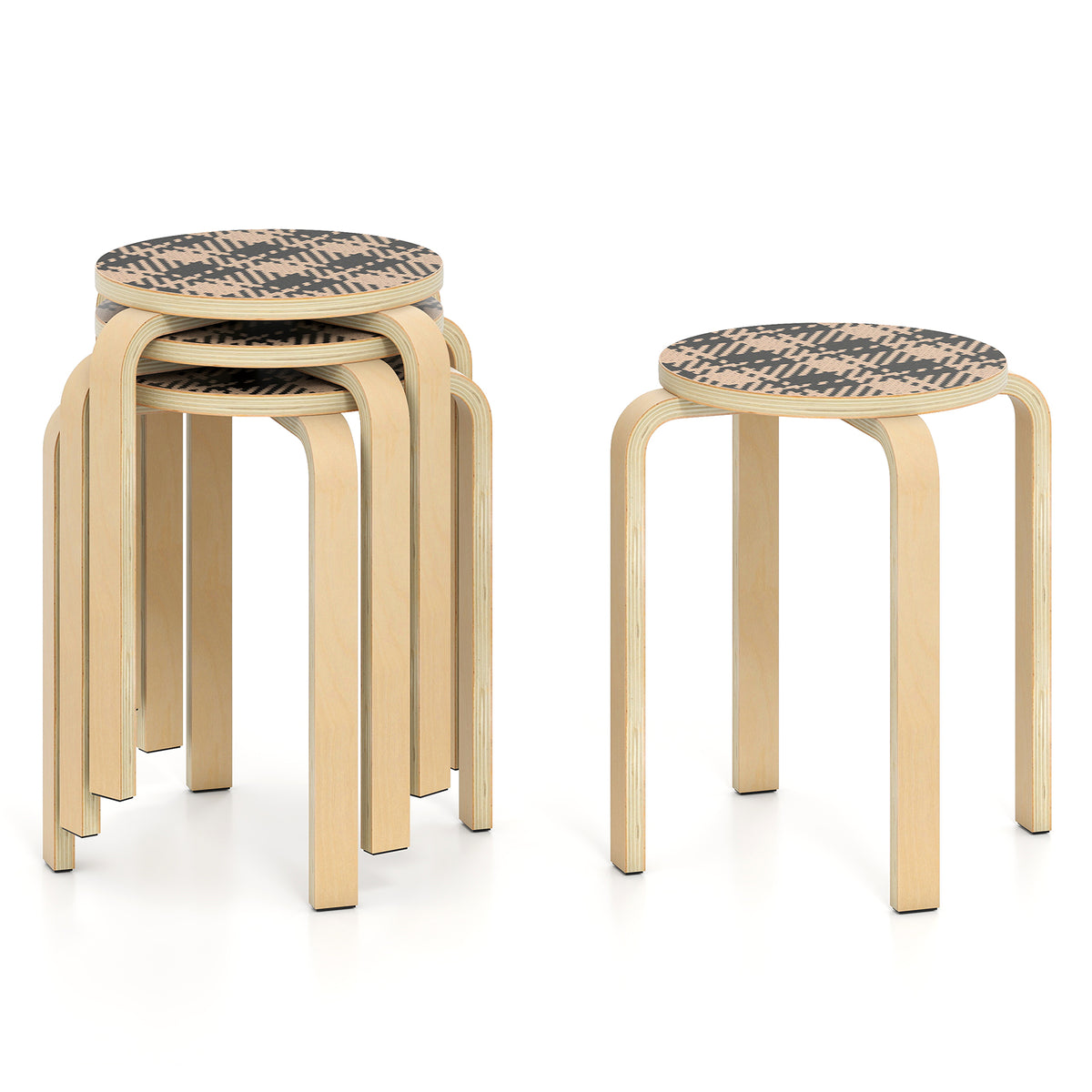 Set of 4 Round Stacking Stools, Solid Wood Dining Room Stool