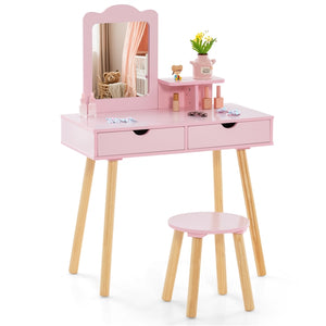 Girls Vanity Set with Mirror and Stool, 2 Large Drawers, Storage Shelf