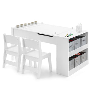 Kids Table and Chairs Set, 2 in 1 Wooden Art Table & Easel Set for Children with 2 Chairs