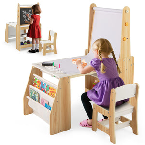 Kids Art Table and Chair Set, Multifunctional Kids Activity w/ Easel & Chair