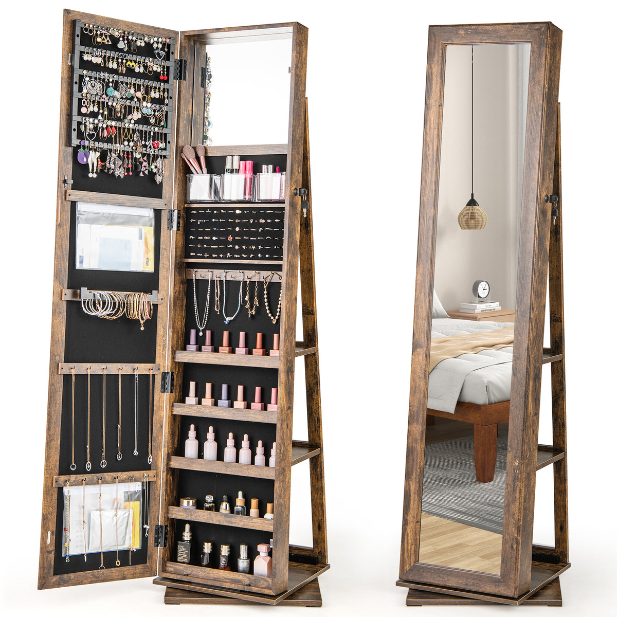 360° Swivel Jewelry Armoire, Standing Jewelry Organizer with Full Length Mirror