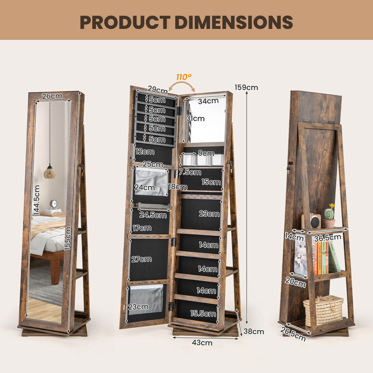 360° Swivel Jewelry Armoire, Standing Jewelry Organizer with Full Length Mirror