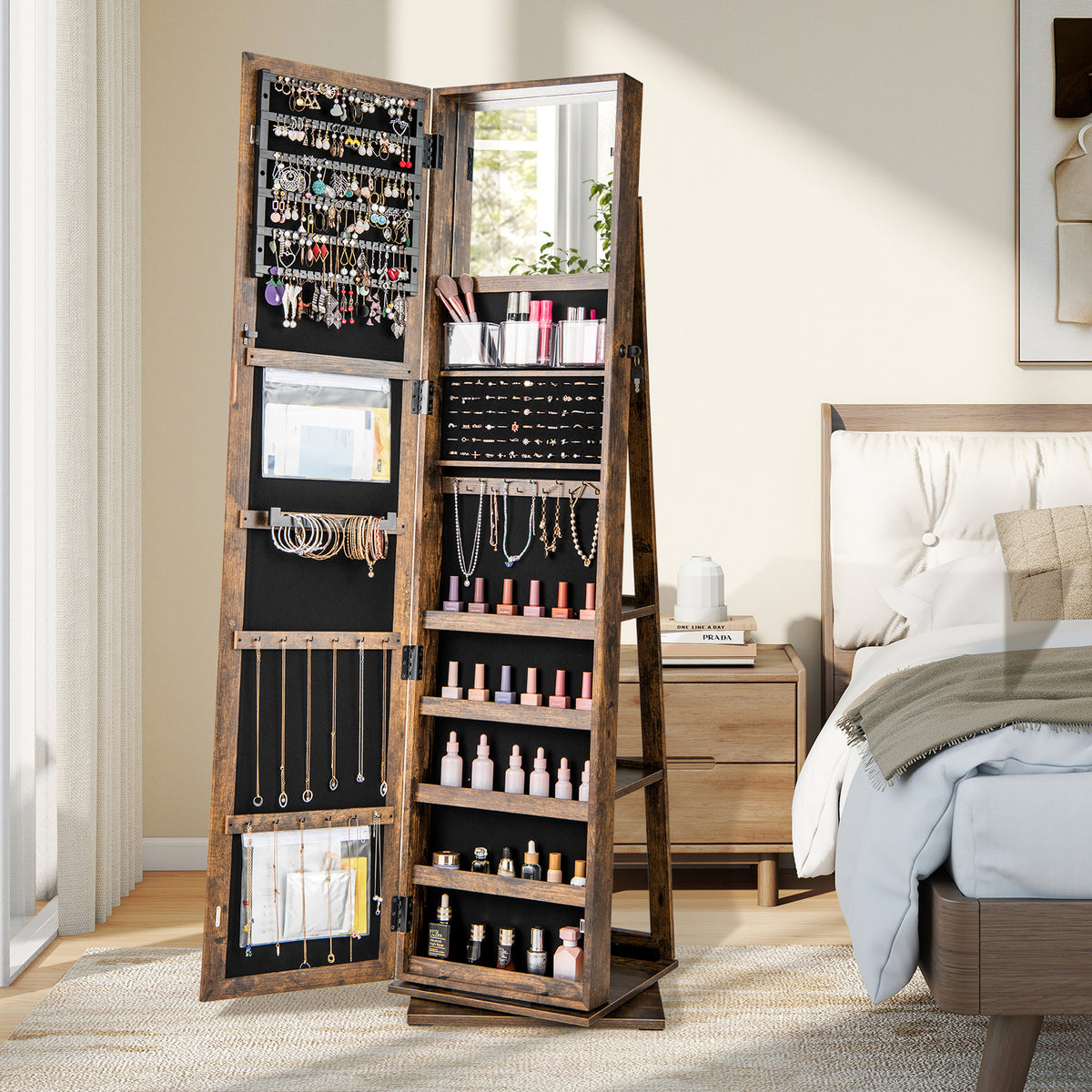 360° Swivel Jewelry Armoire, Standing Jewelry Organizer with Full Length Mirror