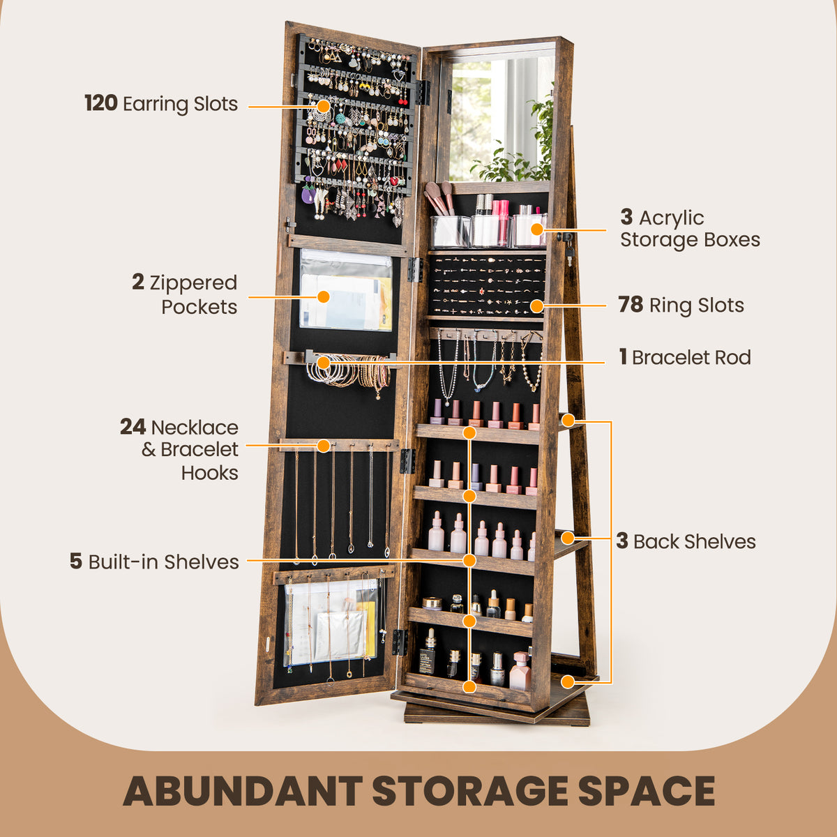 360° Swivel Jewelry Armoire, Standing Jewelry Organizer with Full Length Mirror