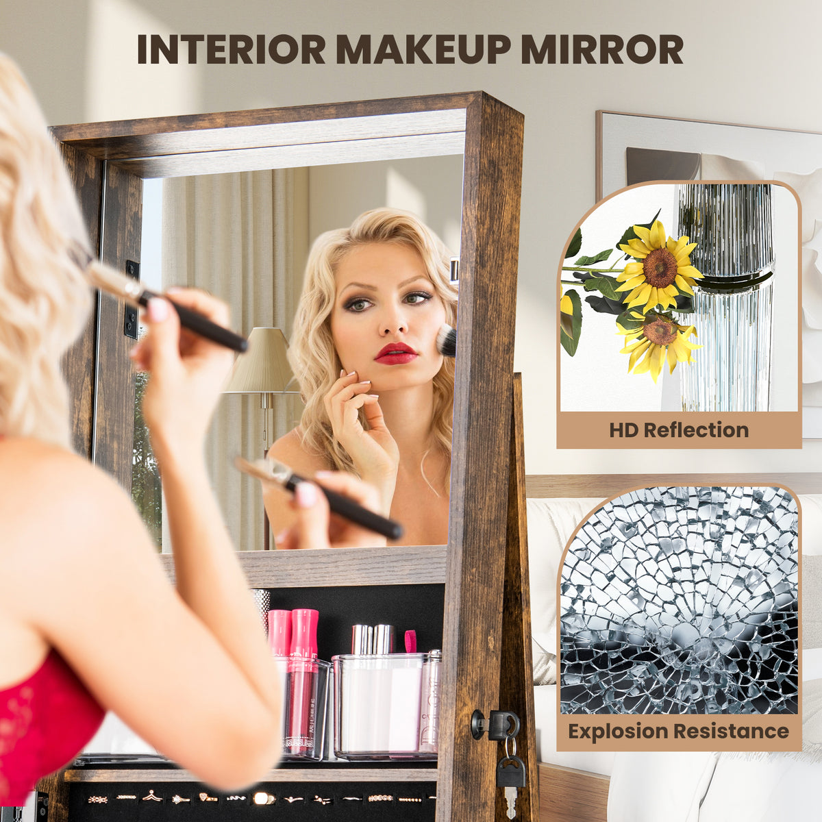 360° Swivel Jewelry Armoire, Standing Jewelry Organizer with Full Length Mirror