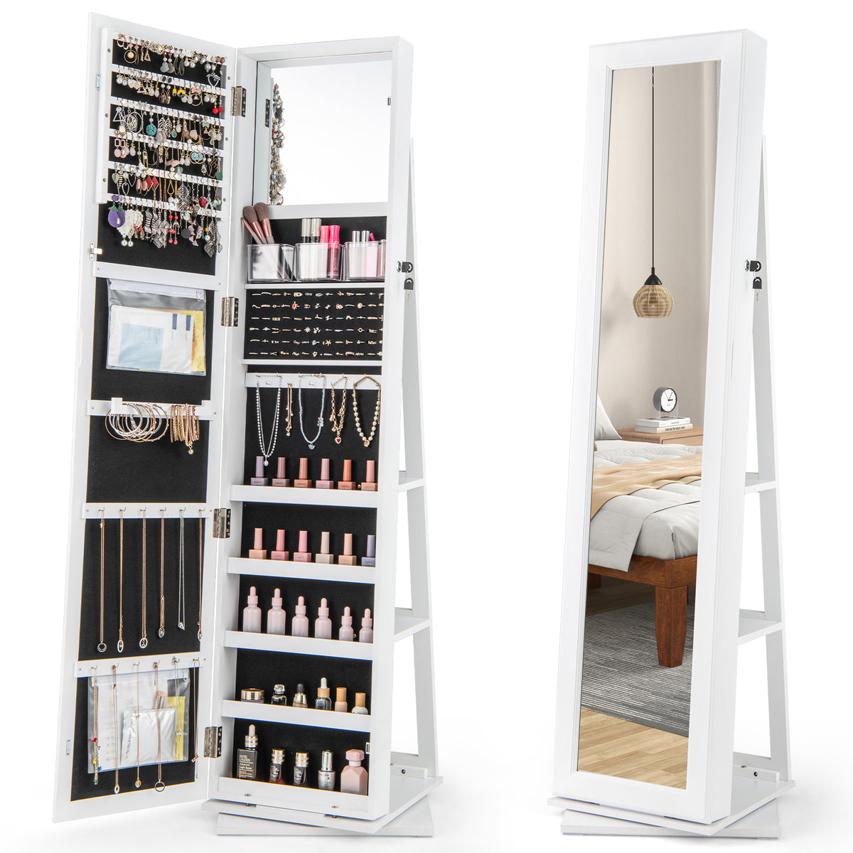 360° Swivel Jewelry Armoire, Standing Jewelry Organizer with Full Length Mirror