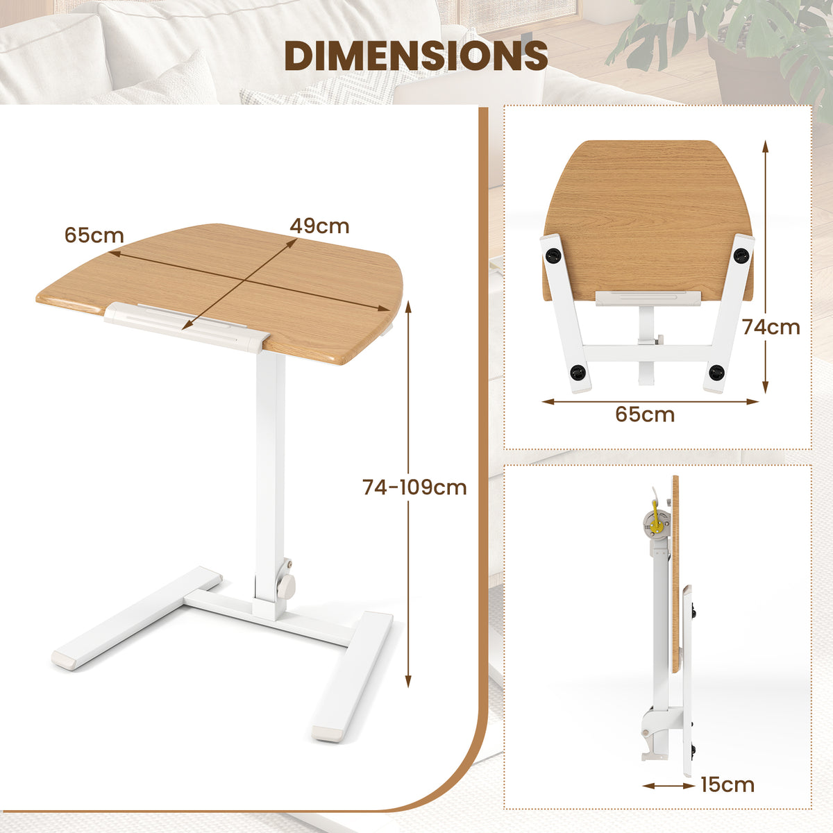 Foldable Mobile Standing Desk, Rolling Laptop Desk with 90° Tiltable Tabletop