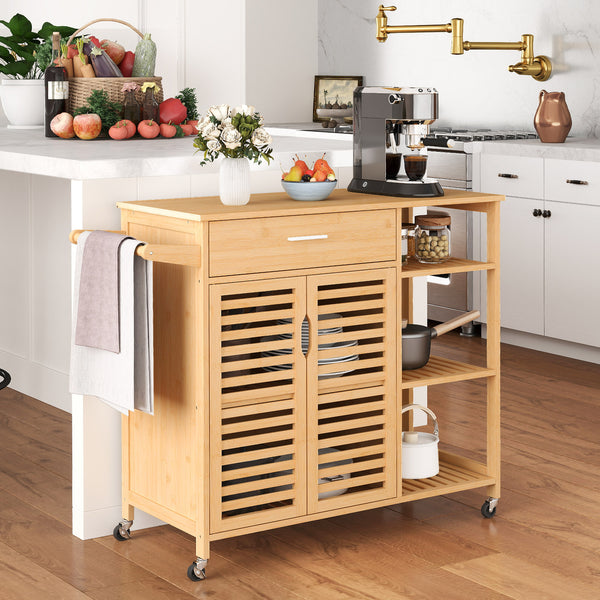 Kitchen Island Cart on Wheels, Portable Storage Cabinet w/Sturdy Bamboo Frame