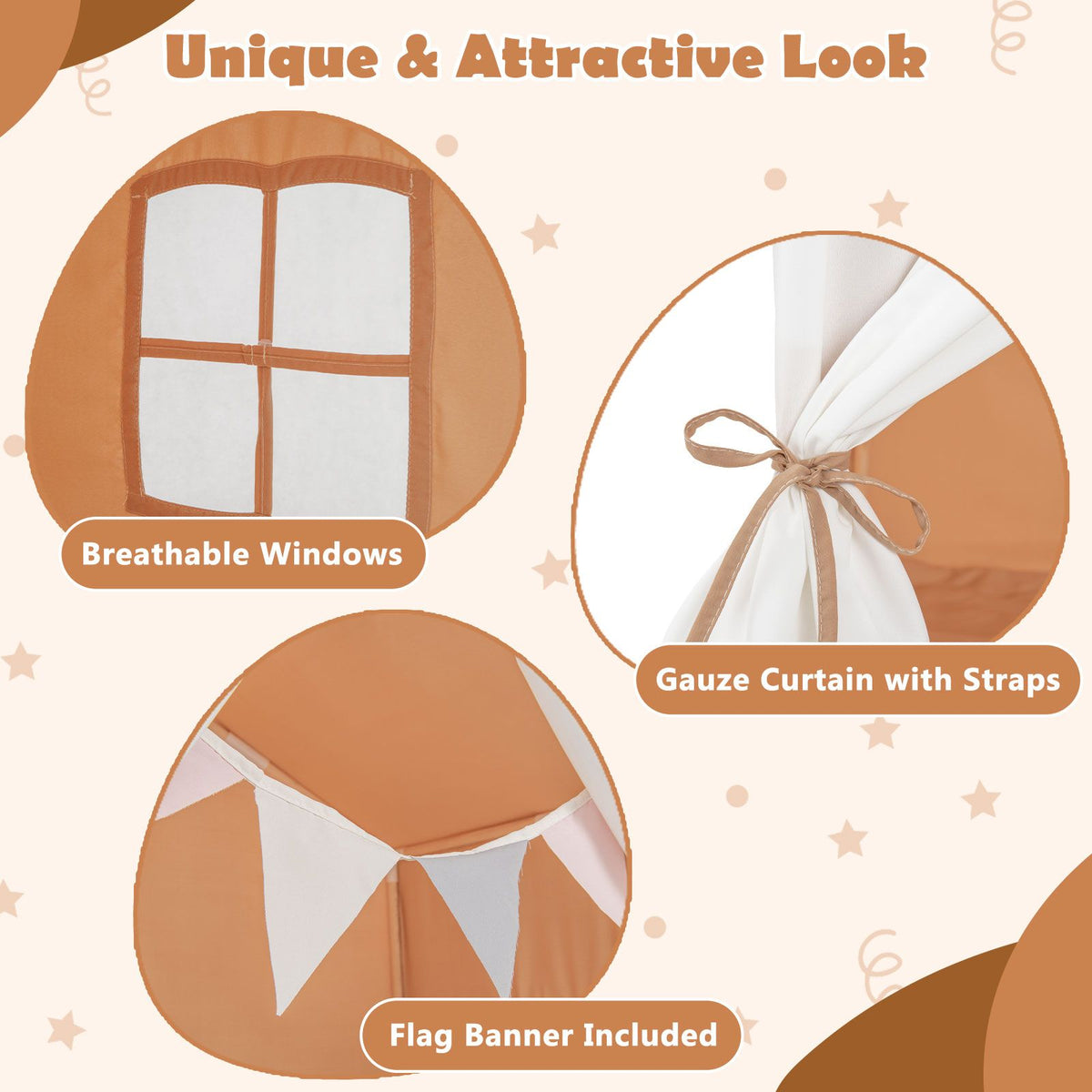 Kid's Play Tent with Washable Cotton Mat and Flag Banner for Kids Aged 3+