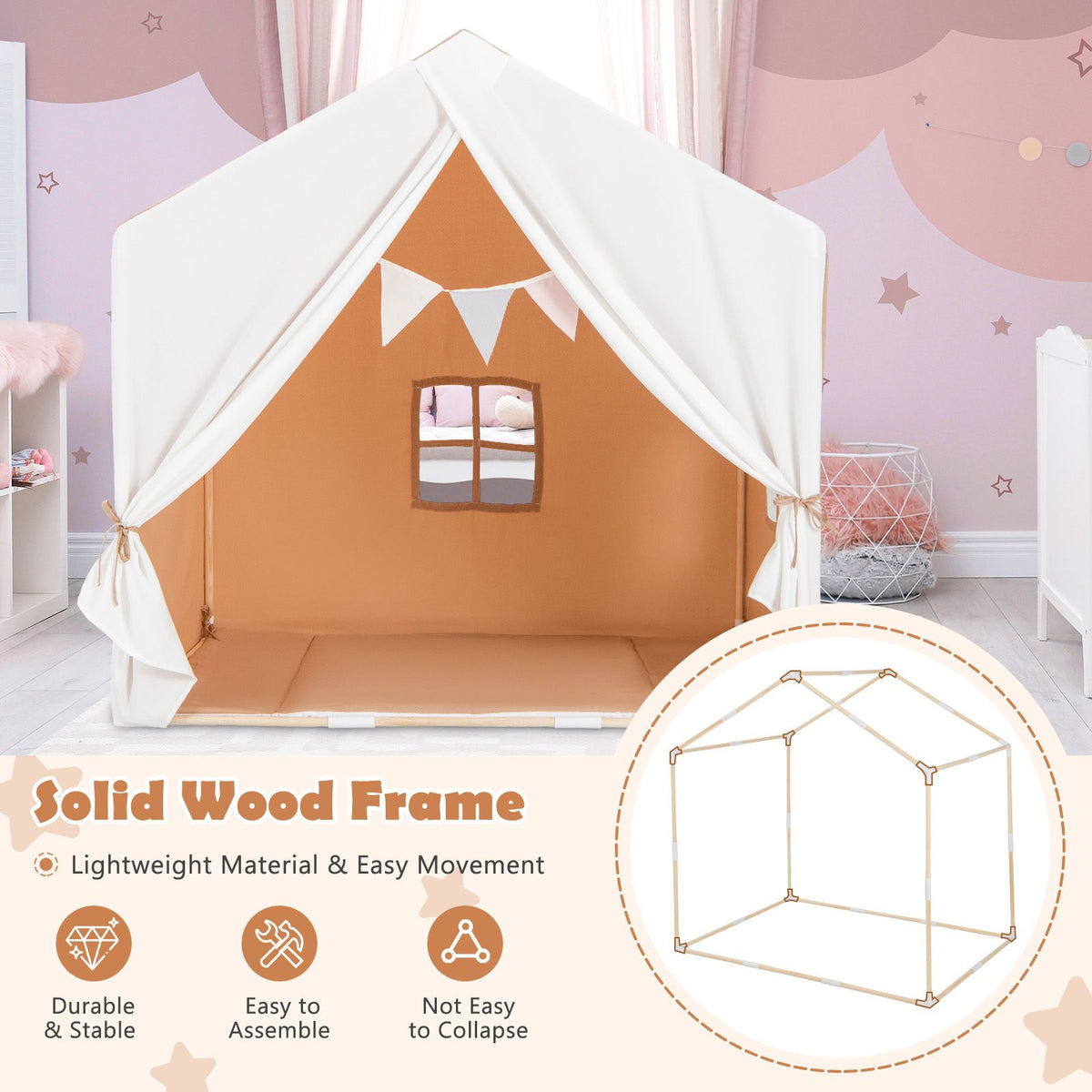 Kid's Play Tent with Washable Cotton Mat and Flag Banner for Kids Aged 3+