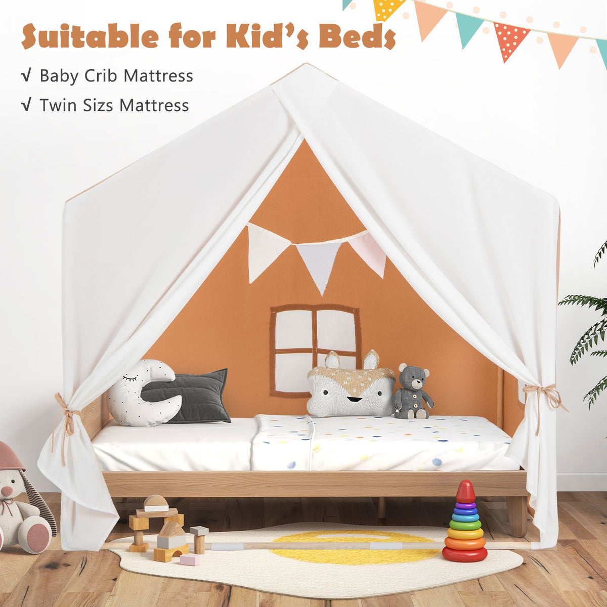 Kid's Play Tent with Washable Cotton Mat and Flag Banner for Kids Aged 3+