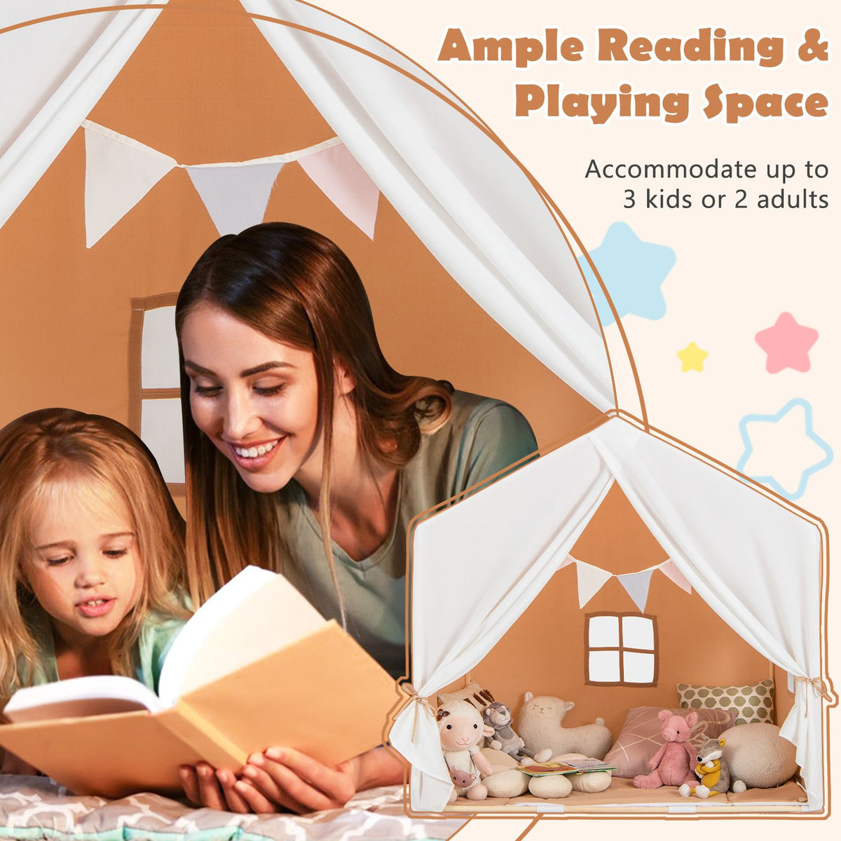 Kid's Play Tent with Washable Cotton Mat and Flag Banner for Kids Aged 3+