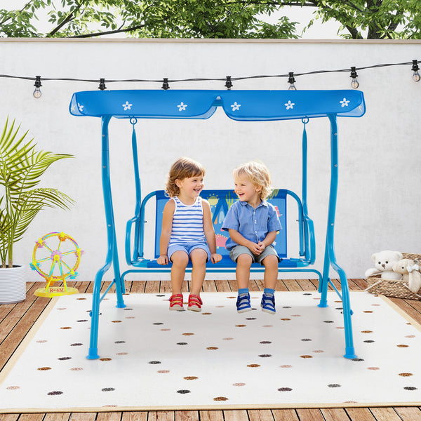 2-Seater Kids Porch Swing, Hanging Patio Swing Bench with Adjustable Tilt Canopy