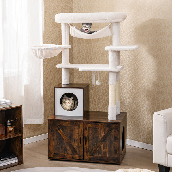 1.5 m Cat Tree with Litter Box Enclosure Hidden Washroom