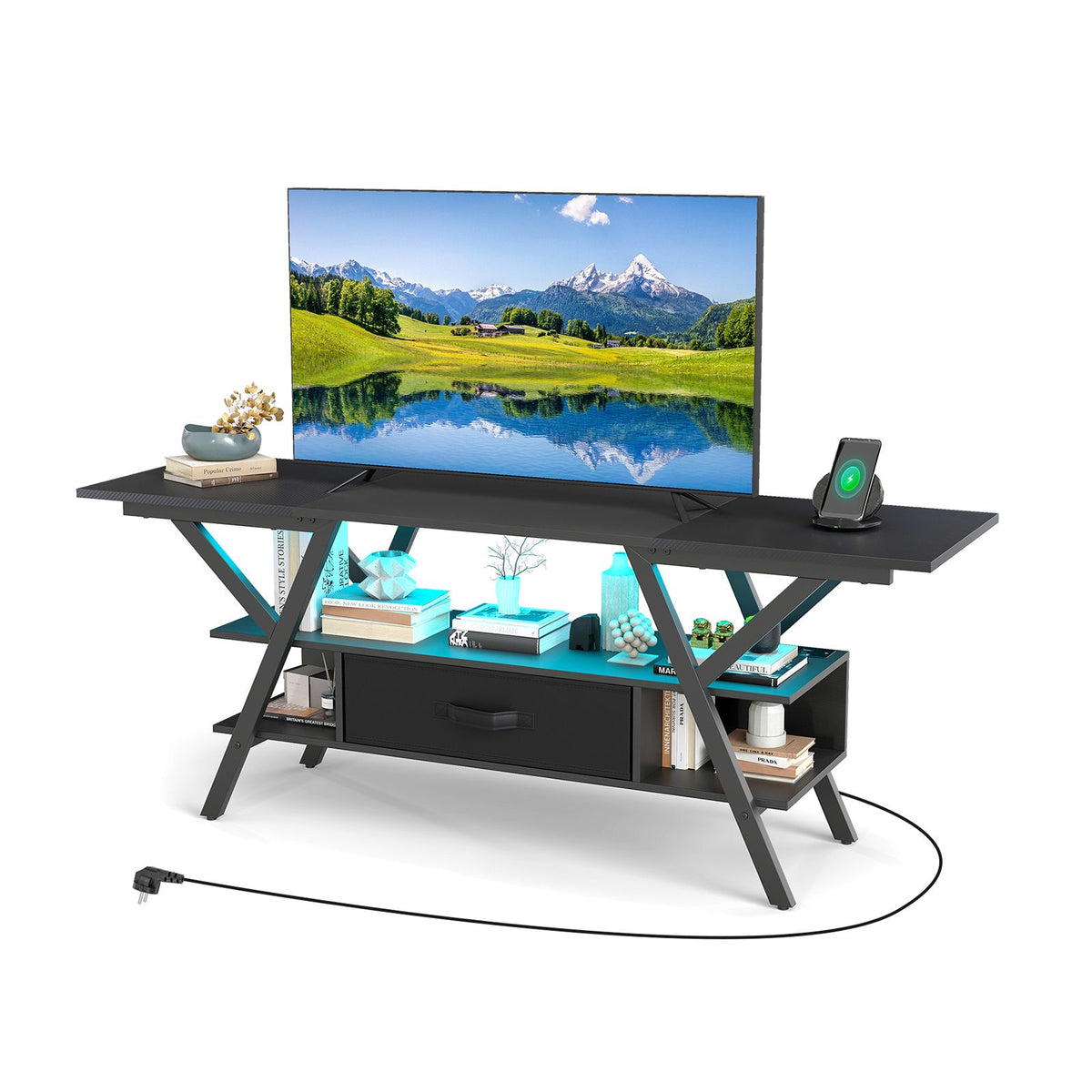 TV Stand with Power Outlets for 65 inch TVs 3-Tier Entertainment Center with LED Lights and Remote