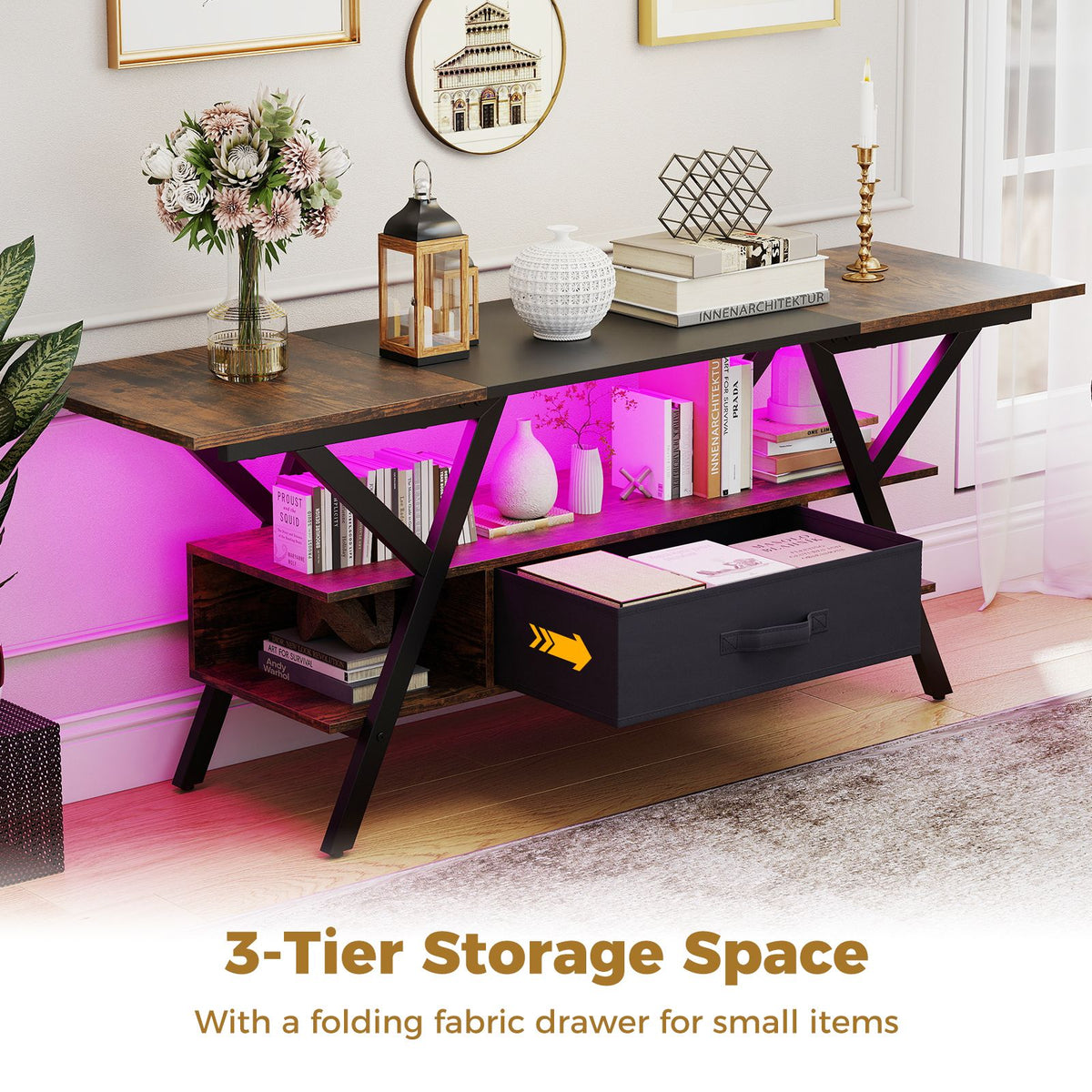 TV Stand with Power Outlets for 65 inch TVs 3-Tier Entertainment Center with LED Lights and Remote