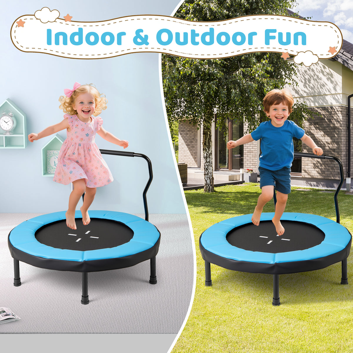 40” Trampoline for Kids, Indoor/Outdoor Fitness Trampoline with Foam Handlebar