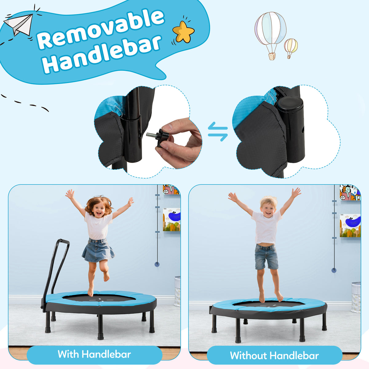 40” Trampoline for Kids, Indoor/Outdoor Fitness Trampoline with Foam Handlebar