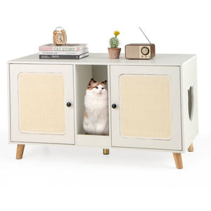 Cat Litter Box Enclosure for 2 Cats with Double Rooms and 2 Sisal Scratching Mats