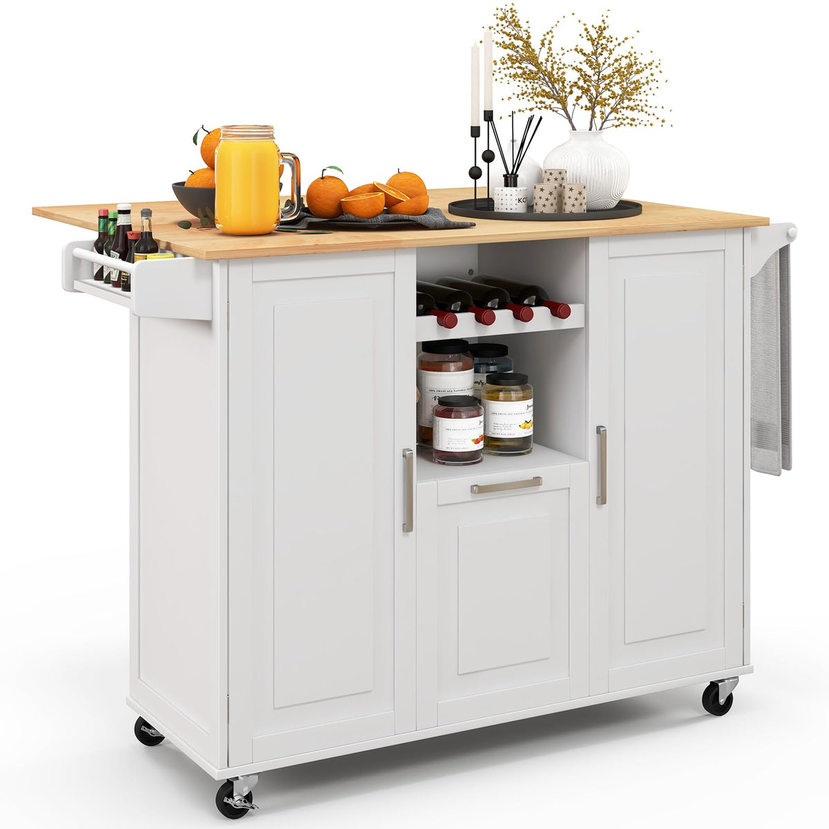Rolling Kitchen Island Cart, Large Kitchen Island w/Drop-Leaf Countertop & 4 Rotatable Casters