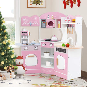 Corner Wooden Play Kitchen, 18 PCS Pretend Kitchen Playset w/Coffee Machine, Slide, Microwave, Oven
