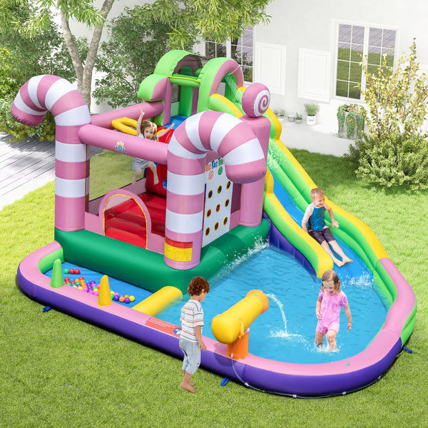 Inflatable Water Slide, Wet Dry Inflatable Water Park Jumping Castle w/Long Slide, Splash Pool