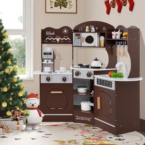 Corner Wooden Play Kitchen, 18 PCS Pretend Kitchen Playset w/Coffee Machine, Slide, Microwave, Oven