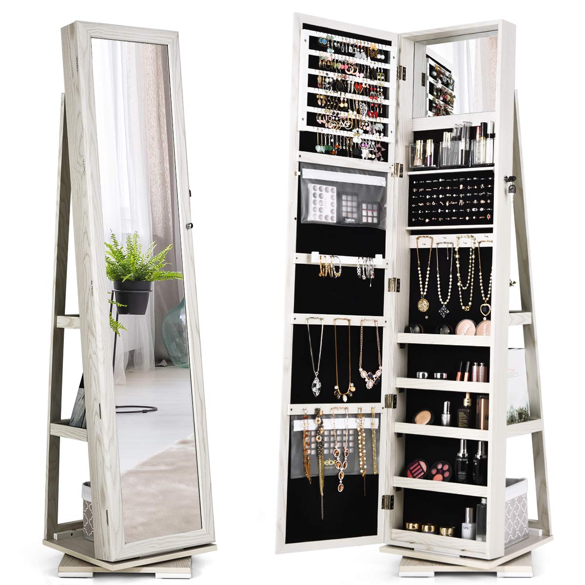 Giantex 360 Rotating Mirrored Jewelry Cabinet, Free Standing Jewelry Armoire, Full Length Mirror