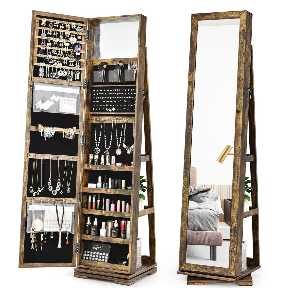 Giantex 360 Rotating Mirrored Jewelry Cabinet, Free Standing Jewelry Armoire, Full Length Mirror