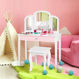 Kids Vanity Table and Chair Set, Princess Makeup Dressing Table with Drawer & Tri-Folding Mirror