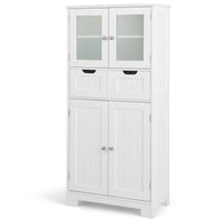 Giantex Floor Storage Cabinet with 4 Doors, Freestanding Bathroom Cabinet with 2 Glass Doors, White