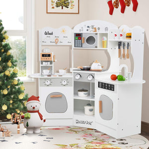 Corner Wooden Play Kitchen, 18 PCS Pretend Kitchen Playset w/Coffee Machine, Slide, Microwave, Oven