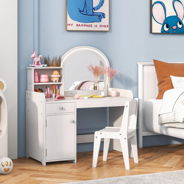 Kids Vanity Table with Stool, Children Makeup Table & Chair Set with 2-Color LED Lights, Mirror, Shelves