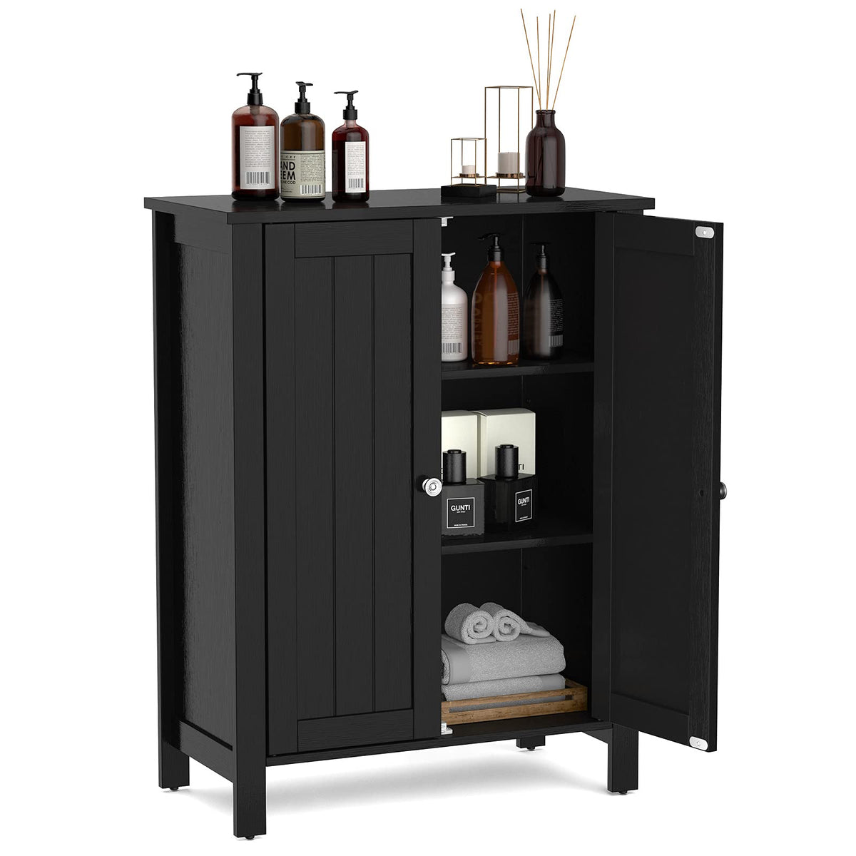Giantex Bathroom Floor Storage Cabinet, Free Standing Storage Organizer, with Double Door, Adjustable Shelf