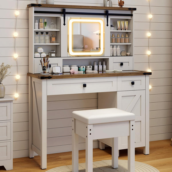 Giantex Makeup Vanity Desk w/Mirror & Lights, Farmhouse Dressing Table & Stool Set w/Sliding Mirror