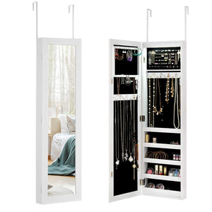 Giantex LED Jewelry Cabinet, Wall Mounted & Door Hanging Jewelry Armoire, Makeup Jewelry Organizer, White