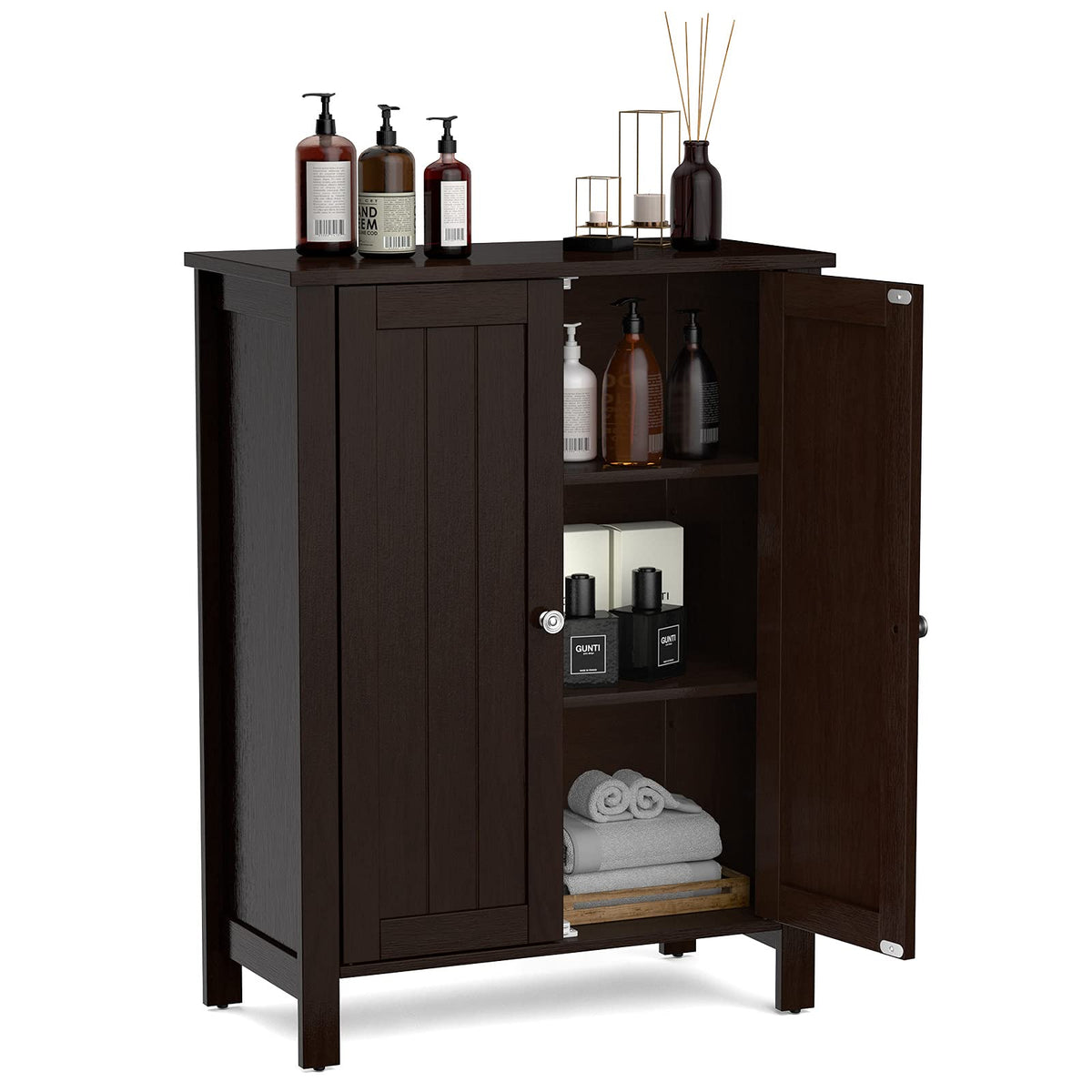 Giantex Bathroom Floor Storage Cabinet, Free Standing Storage Organizer, with Double Door, Adjustable Shelf