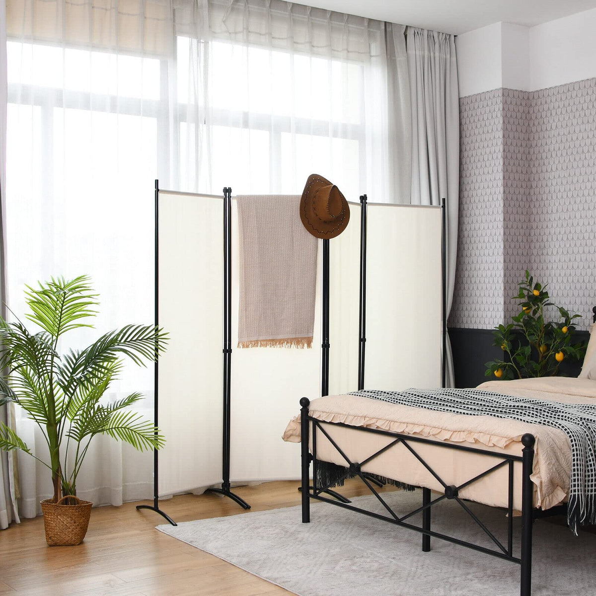 Giantex 4-Panel Room Divider, Folding Privacy Screen, Portable Fabric Wall Divider and Separator w/Steel Frame