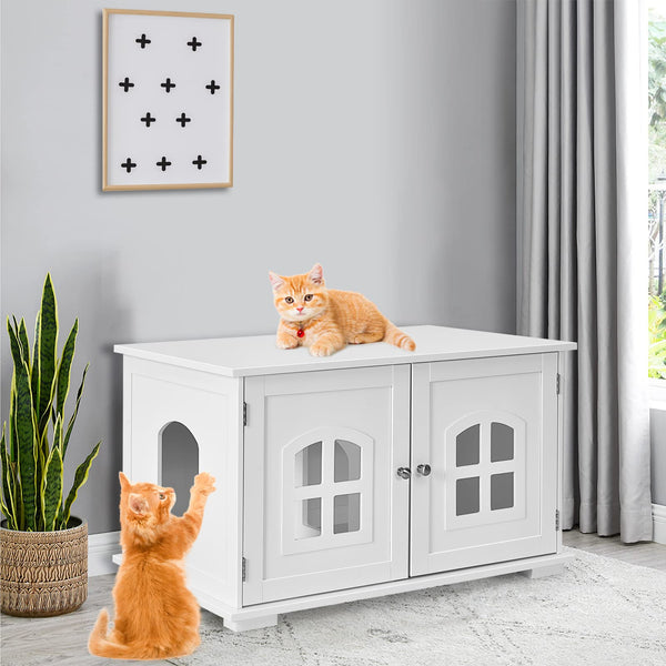 Cat Litter Box Enclosure Furniture Hidden, Wooden Washroom Storage Cabinet Bench w/Cross Windows