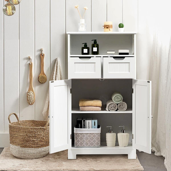 Bathroom Floor Cabinet, Storage Cabinet w/One Open Shelf Two Doors and Two Adjustable Drawers