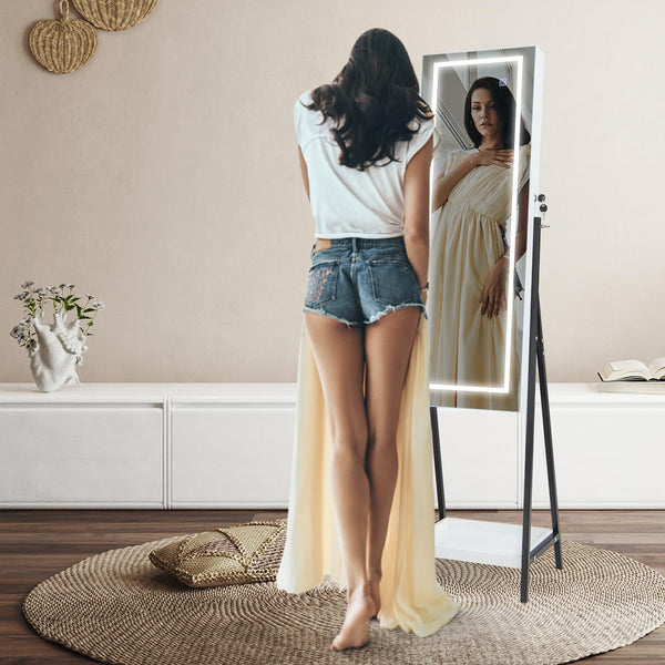 Giantex LED Standing Jewelry Mirror Cabinet, 160cm Lockable Jewelry Armoire Organizer with 3-Color Lighted Full-Length Mirror