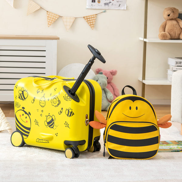 2 PCS Kid Luggage Set W/Spinner Wheels, 18" Ride-on & Carry-on & Sit-on Suitcase & 12" Backpack Set W/Lanyard for Pull & Prevent Loss