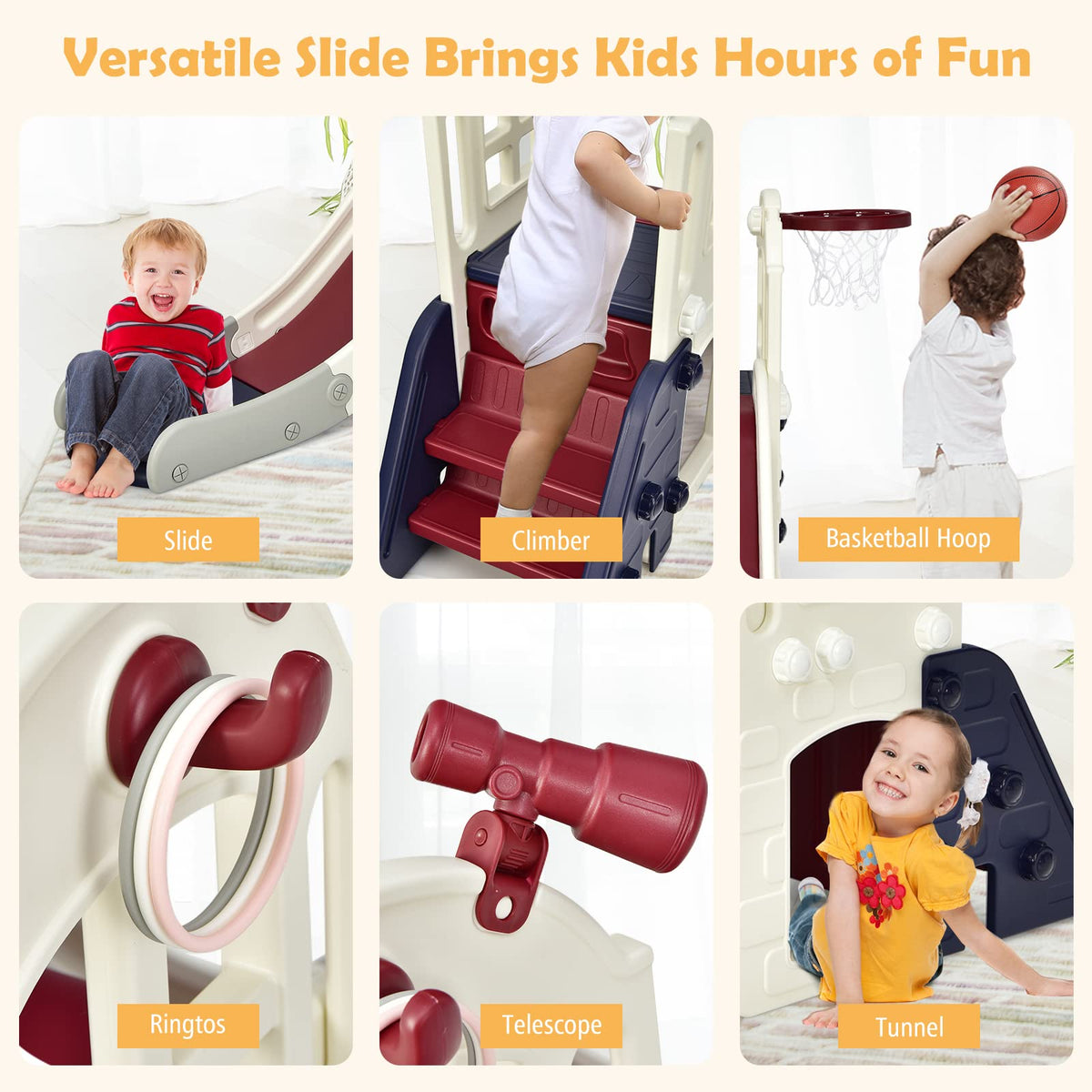6-In-1 Large Slide with Basketball Hoop for Indoor & Outdoor Playground