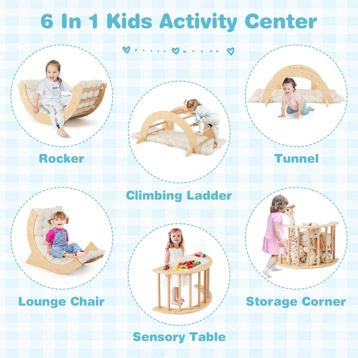 6 in 1 Kids Climbing Arch Playset, Indoor Wooden Climbing Toy Rocker Chair w/Removable Cushion & Stoppers