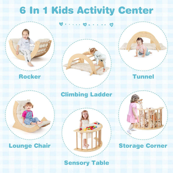 6 in 1 Kids Climbing Arch Playset, Indoor Wooden Climbing Toy Rocker Chair w/Removable Cushion & Stoppers