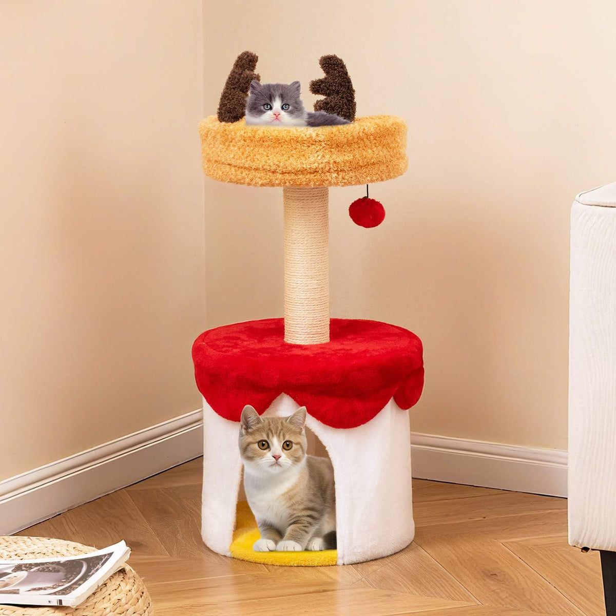 Christmas Cat Tree with Bed, 80 CM Modern Kitten Tower with Sisal Scratching Post