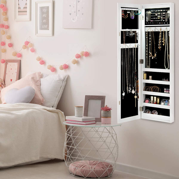 Giantex LED Jewelry Cabinet, Wall Mounted & Door Hanging Jewelry Armoire, Makeup Jewelry Organizer, White