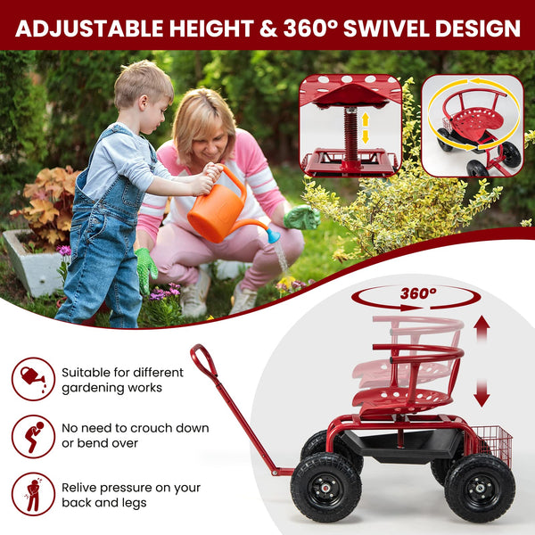 Rolling Garden Cart Scooter, Outdoor Heavy-Duty Gardening Cart w/ 26cm Tires, Swivel Seat