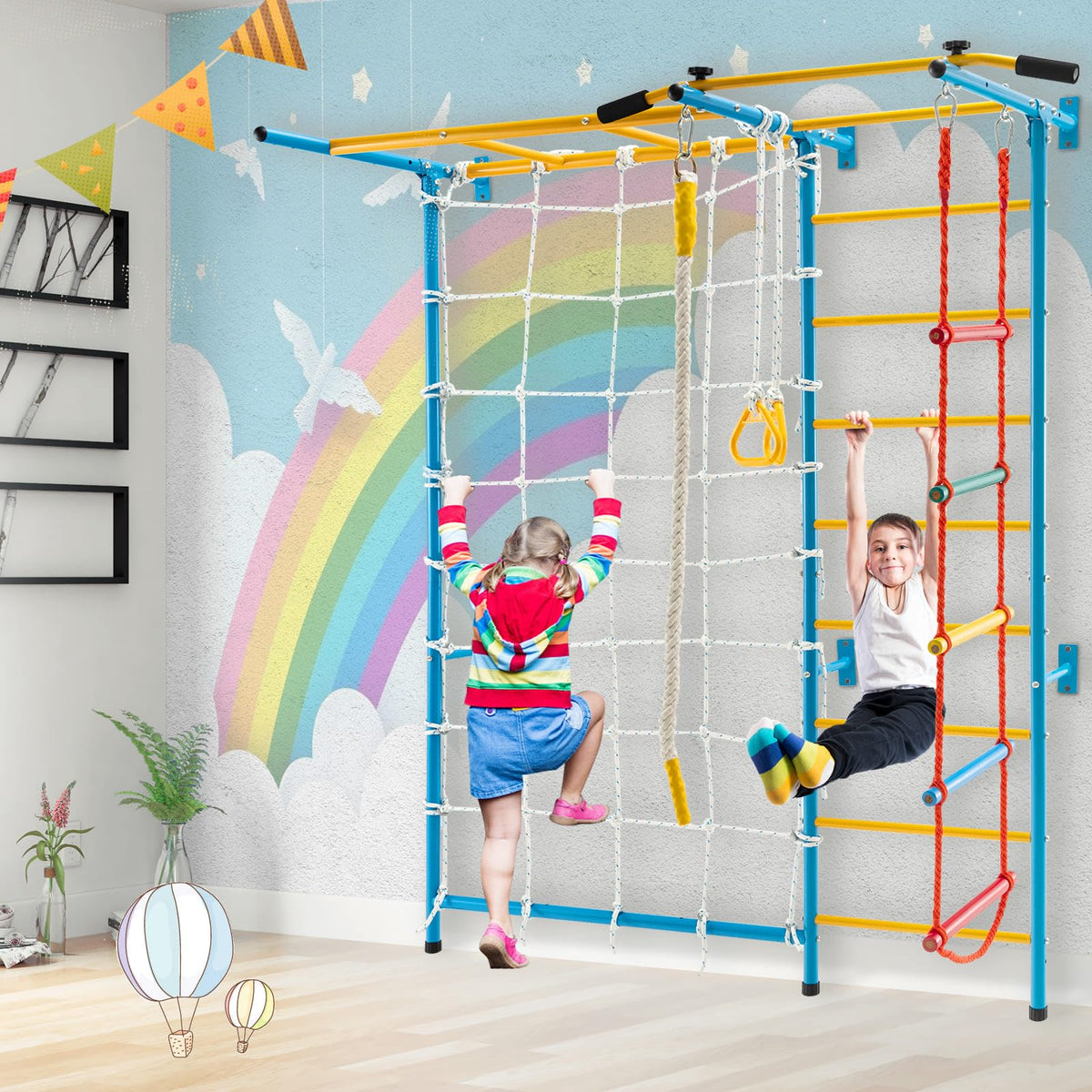 7-in-1 Steel Home Playground with Monkey Bars, Rope Wall, Wall Ladder, Pull-up Bar, Rope Ladder
